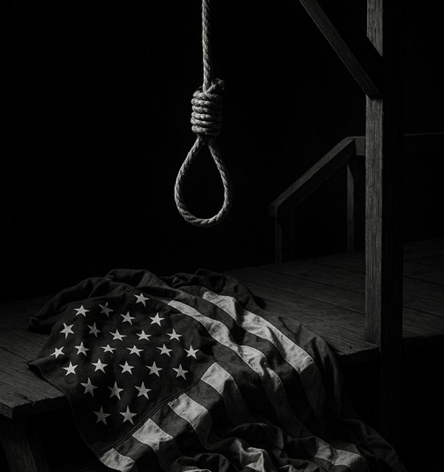 A decorative hanging element near a political event setting.